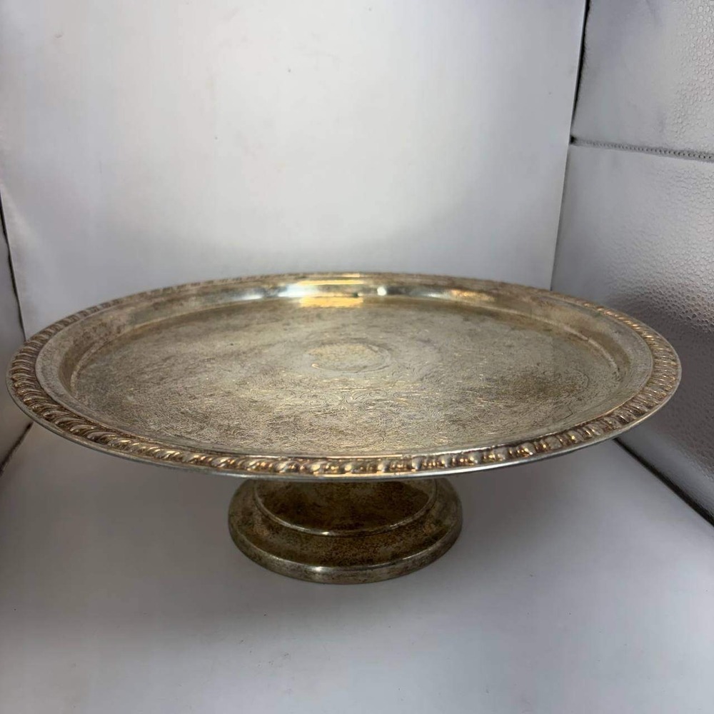Leonard Silver Plate Etched Pedestal Cake Stand 12.5 Inch Vintage Platter